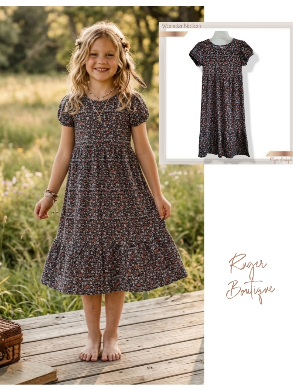 🌿Wonder Nation Boho Floral Peasant Midi Dress 7/8